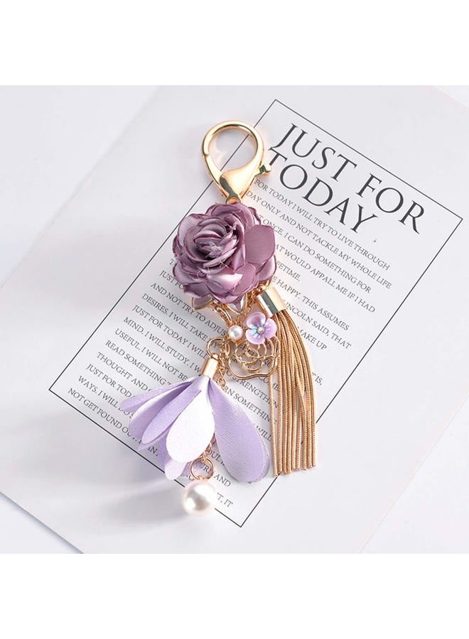 ZOONAI Flower Tassel Keychain Pearl Car Keyring Holder Purse Handbag Pendant (Purple) - Image 2