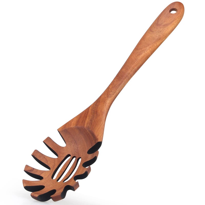 Ayiaren Wooden Pasta Spoon with Teeth Spaghetti Fork Tongs 125 Inch Pasta Forks Serving Utensils Acacia Wood Spaghetti Server Spoons Ladle Pastas Spatula Kitchen Tool Spaghettis Scoop Strainer Noodle Spoon 
