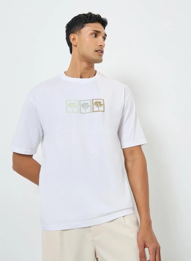 Styli Men White Graphic Oversized Jersey T-Shirt