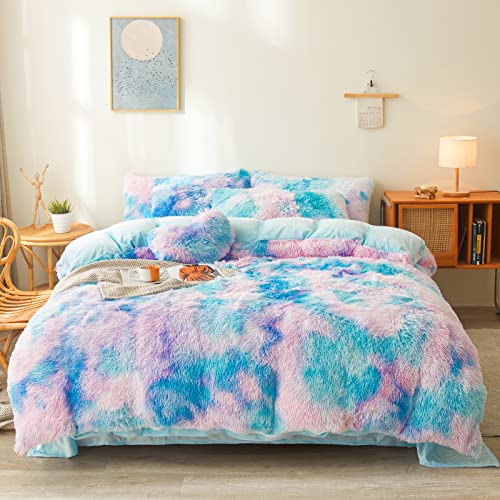 FOPPA Tie dye Blue Plush Fluffy Comforter Cover Set Queen - Ultra Soft Faux Fur tie dye Bedding Sets 3 Pieces (1 Shaggy Duvet Cover + 2 Pillow case) Fluffy Bed Set (Tie Dye Blue, Queen) - Image 1