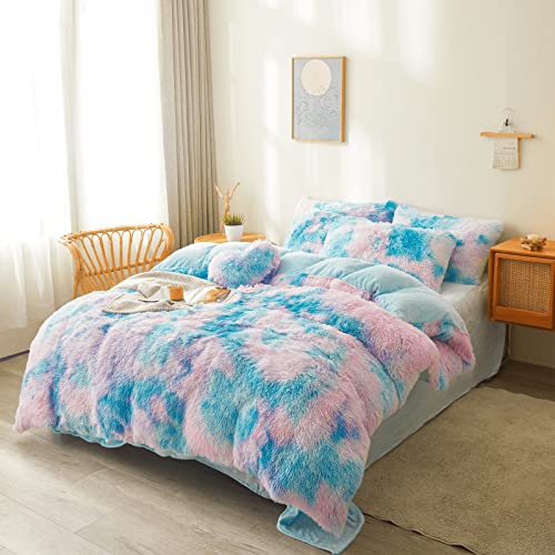 FOPPA Tie dye Blue Plush Fluffy Comforter Cover Set Queen - Ultra Soft Faux Fur tie dye Bedding Sets 3 Pieces (1 Shaggy Duvet Cover + 2 Pillow case) Fluffy Bed Set (Tie Dye Blue, Queen) - Image 2