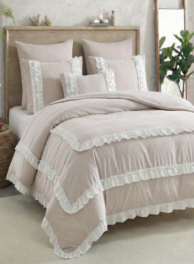 Bedorm Beige Queen Comforter Set Shabby Chic Ruffled Bedding with Comforter & Pillowcases White Pleated Lace Ruffle Fringe Bedding Comforter Set 3 Pieces - Image 3