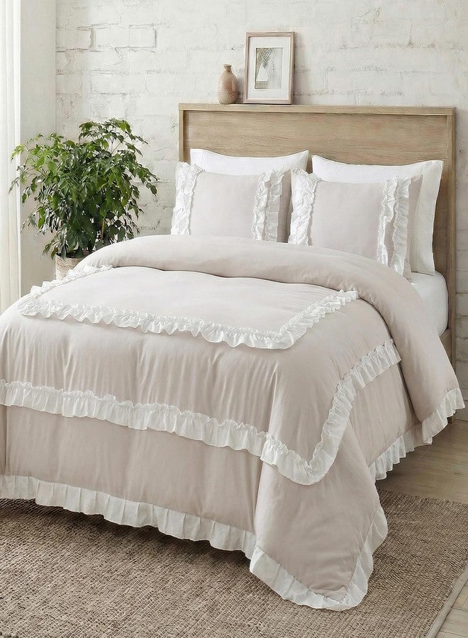 Bedorm Beige Queen Comforter Set Shabby Chic Ruffled Bedding with Comforter & Pillowcases White Pleated Lace Ruffle Fringe Bedding Comforter Set 3 Pieces - Image 5