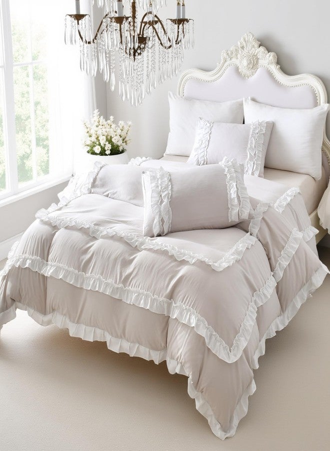 Bedorm Beige Queen Comforter Set Shabby Chic Ruffled Bedding with Comforter & Pillowcases White Pleated Lace Ruffle Fringe Bedding Comforter Set 3 Pieces - Image 2