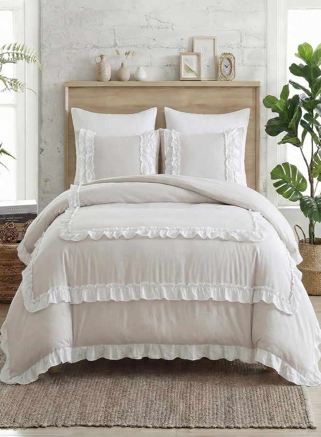 Bedorm Beige Queen Comforter Set Shabby Chic Ruffled Bedding with Comforter & Pillowcases White Pleated Lace Ruffle Fringe Bedding Comforter Set 3 Pieces - Image 4