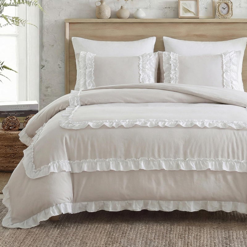 Bedorm Beige Queen Comforter Set Shabby Chic Ruffled Bedding with Comforter & Pillowcases White Pleated Lace Ruffle Fringe Bedding Comforter Set 3 Pieces - Image 1
