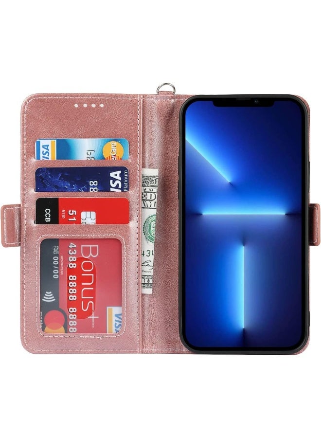 For IPhone 13 Mini Case PU Leather Wallet Case With Wrist Strap Card Holder Shockproof Flip Cover Case - Rose Gold - Image 3