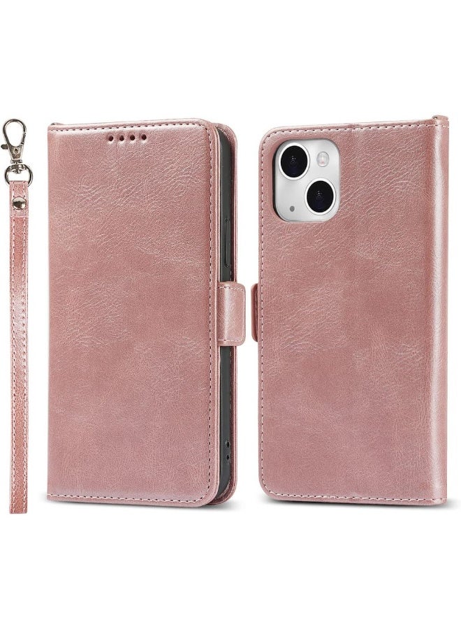 For IPhone 13 Mini Case PU Leather Wallet Case With Wrist Strap Card Holder Shockproof Flip Cover Case - Rose Gold - Image 2