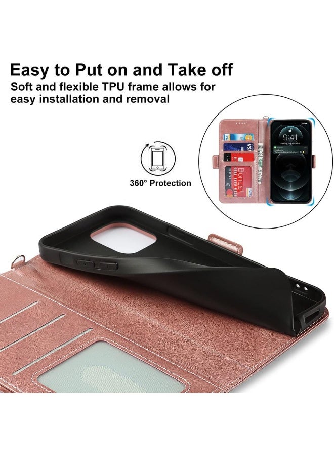For IPhone 13 Mini Case PU Leather Wallet Case With Wrist Strap Card Holder Shockproof Flip Cover Case - Rose Gold - Image 4