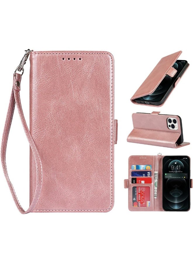 For IPhone 13 Mini Case PU Leather Wallet Case With Wrist Strap Card Holder Shockproof Flip Cover Case - Rose Gold - Image 1