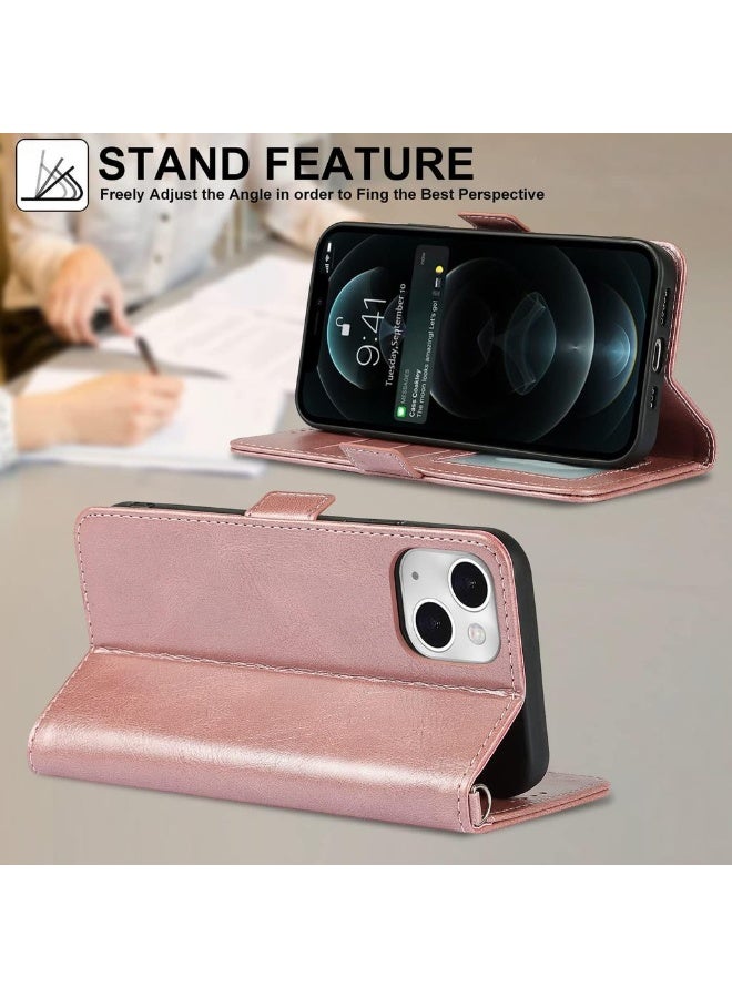 For IPhone 13 Mini Case PU Leather Wallet Case With Wrist Strap Card Holder Shockproof Flip Cover Case - Rose Gold - Image 5