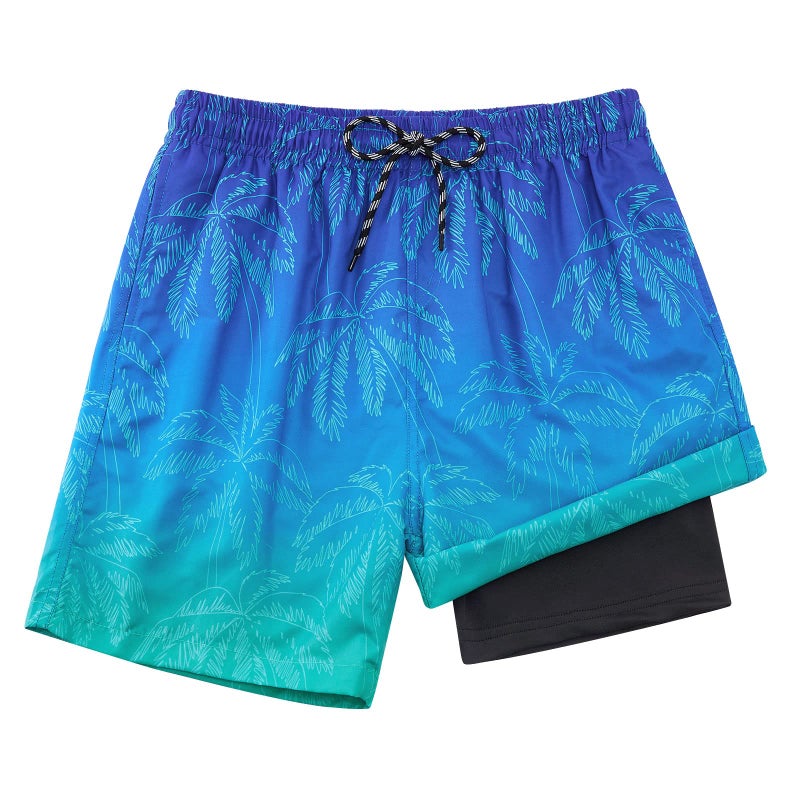 Cozople Boys, Big Kid Swim Trunks Stretchy Boxer Brief Liner Bathing Suit for Teens Novelty Hawaii Palm Tree Swimming Shorts Summer UPF Quick Dry Boardshorts for Beachwear Swimwear Size 14 T - Image 1