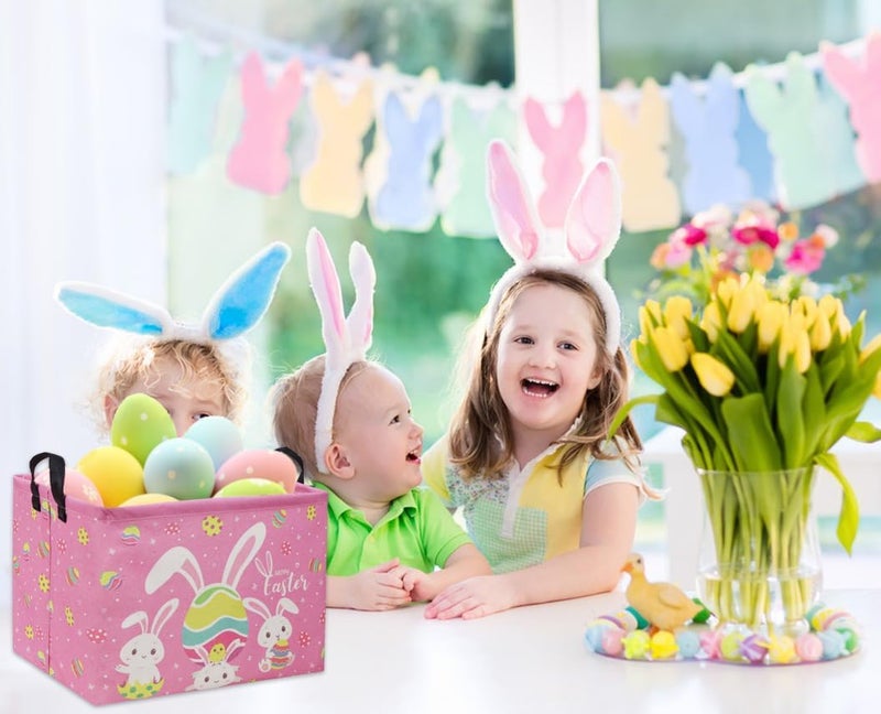 DDBASKET Rectangular Easter Baskets Gift Basket Empty Pink Bunny Kids Storage Bin Baby Boy Basket Kids Toy Storage Bin Organizer Box Easter Room Decor for Home(Pink Easter) - Image 2