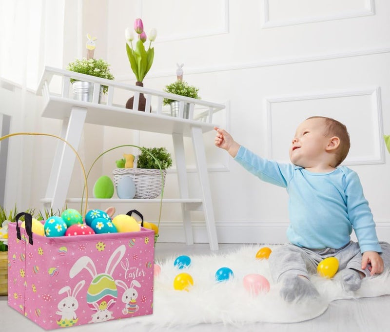 DDBASKET Rectangular Easter Baskets Gift Basket Empty Pink Bunny Kids Storage Bin Baby Boy Basket Kids Toy Storage Bin Organizer Box Easter Room Decor for Home(Pink Easter) - Image 3
