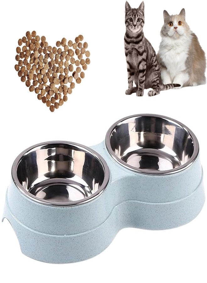 AKEISHE Stainless Steel Double Pet Bowls with Blue Base, 2 Pack - Image 1