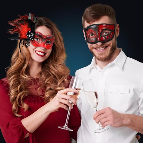 MYSEUNI 2025 New Masquerade Venetian Mask Couples with Feathers - Red Masquerade Mask for Women & Mens Costume for Halloween Carnivals Cosplay Party Ball Prom - Image 2