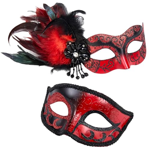 MYSEUNI 2025 New Masquerade Venetian Mask Couples with Feathers - Red Masquerade Mask for Women & Mens Costume for Halloween Carnivals Cosplay Party Ball Prom - Image 1