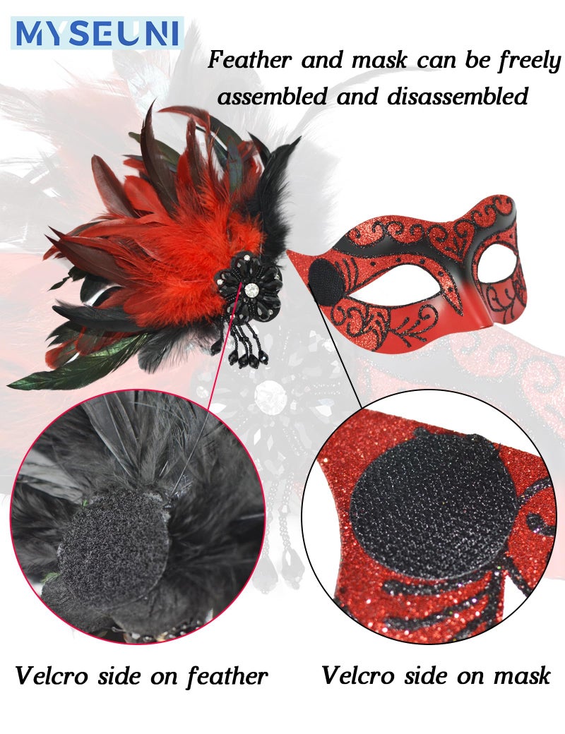 MYSEUNI 2025 New Masquerade Venetian Mask Couples with Feathers - Red Masquerade Mask for Women & Mens Costume for Halloween Carnivals Cosplay Party Ball Prom - Image 5