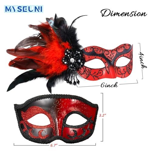 MYSEUNI 2025 New Masquerade Venetian Mask Couples with Feathers - Red Masquerade Mask for Women & Mens Costume for Halloween Carnivals Cosplay Party Ball Prom - Image 4