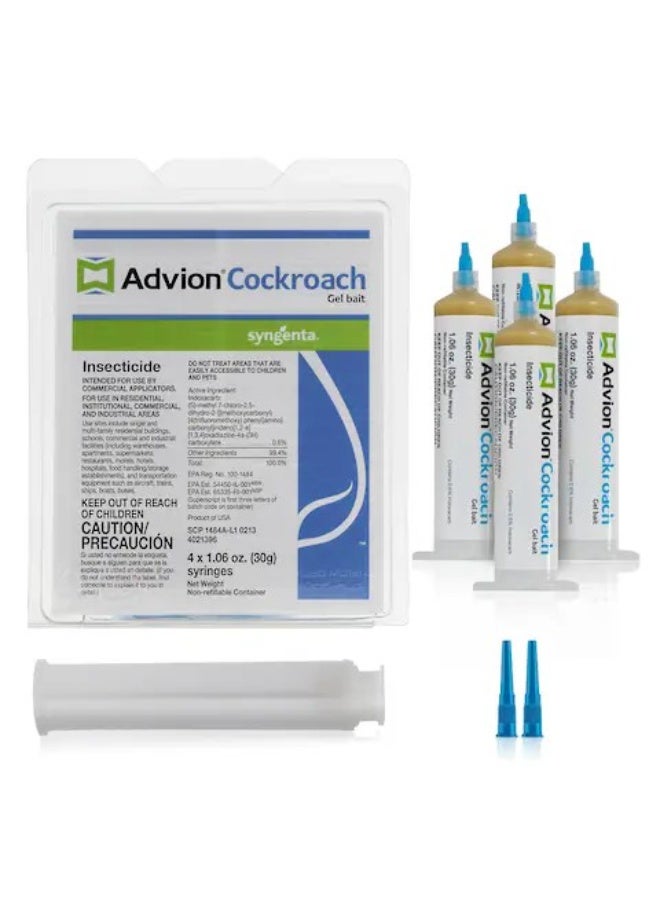 Advion Cockroach Gel Bait, 4 x 30g Tube, 2 Piston and 2 Tip, for German Cockroach Control, Indoor & Outdoor Use, Killer Gel for American, German, and Other Major Cockroach Species