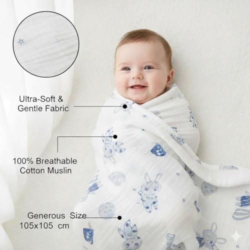 KASSY POP CURATED JUST FOR YOU Kassy Pop Muslin Cotton Bath Towel Cum Baby Swaddler | Extra Soft Towels for Newborn 0 to 3 Years l 100% Organic Cotton wash Towel | 105 X 105 cm (Bunny Print) - Image 2