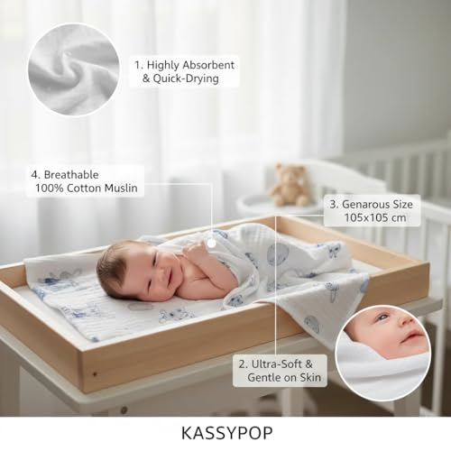 KASSY POP CURATED JUST FOR YOU Kassy Pop Muslin Cotton Bath Towel Cum Baby Swaddler | Extra Soft Towels for Newborn 0 to 3 Years l 100% Organic Cotton wash Towel | 105 X 105 cm (Bunny Print) - Image 3