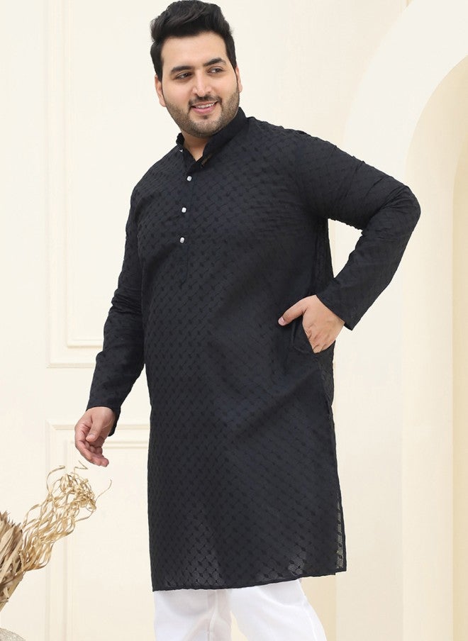 Sojanya قميص كورتا أسود مزخرف من القطن الخالص للرجال - Image 5