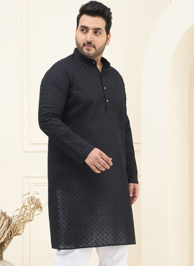 Sojanya قميص كورتا أسود مزخرف من القطن الخالص للرجال - Image 4