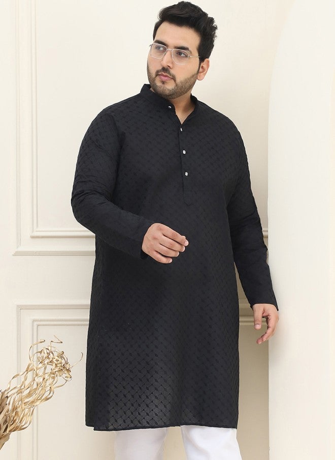 Sojanya قميص كورتا أسود مزخرف من القطن الخالص للرجال - Image 1