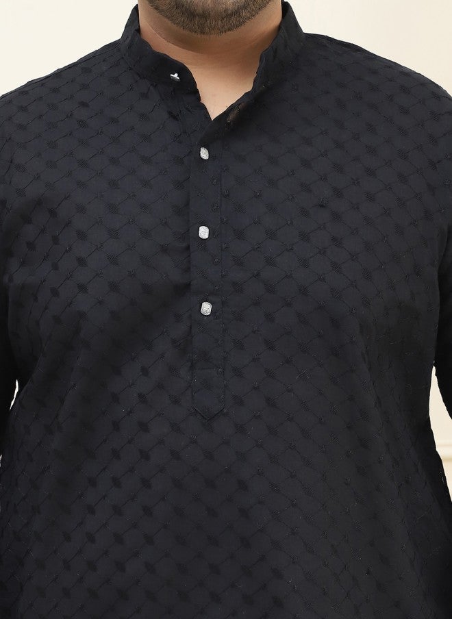 Sojanya قميص كورتا أسود مزخرف من القطن الخالص للرجال - Image 3