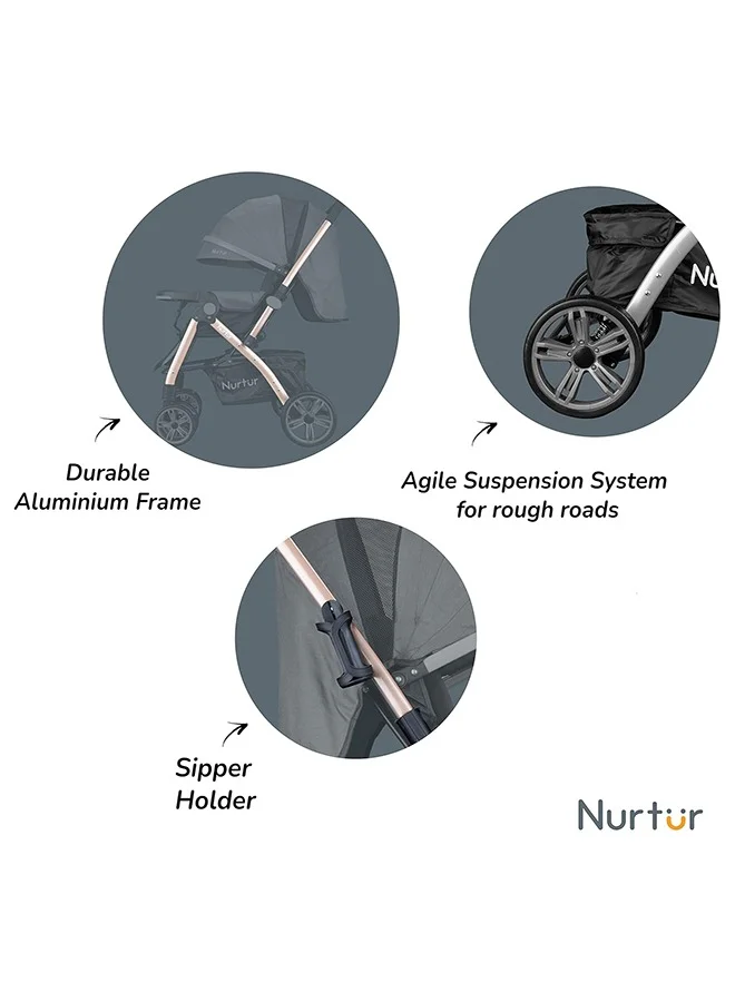 Nurtur Wilder Reversible Baby/Kids Travel Stroller 5 Point Safety Harness, Adjustable Backrest and Canopy, Reversible Handle, Grey