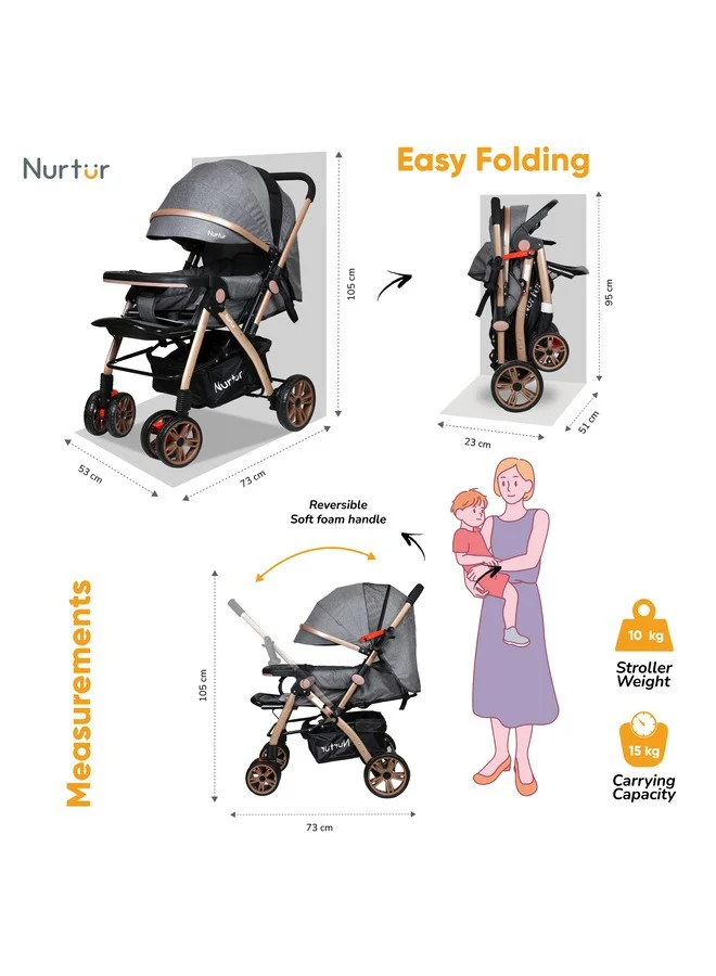 Nurtur Wilder Reversible Baby/Kids Travel Stroller 5 Point Safety Harness, Adjustable Backrest and Canopy, Reversible Handle, Grey