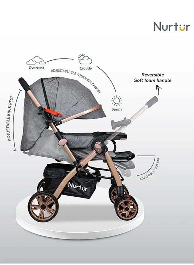 Nurtur Wilder Reversible Baby/Kids Travel Stroller 5 Point Safety Harness, Adjustable Backrest and Canopy, Reversible Handle, Grey