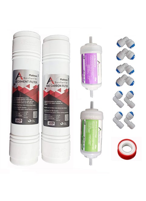 AQUALIQUID RO Platinum Inline Pre Carbon Sediment Filter and 4 Mineral Or 4 UF Membrane Set with 8 Elbow with Taflon Suitable for all RO Water Purifiers Media Filter Cartridge