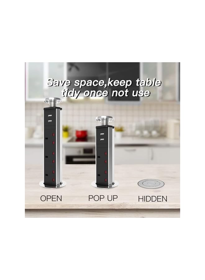 The Bros مقبس منبثق، مقبس كهربائي منبثق مع 3 مقابس بريطانية و 2 منفذ شحن USB للمنزل، المكتب، المطبخ، أسطح العمل، سطح المكتب، غلاف من سبائك الألمنيوم، سلك تمديد بطول 1.8 م - Image 3