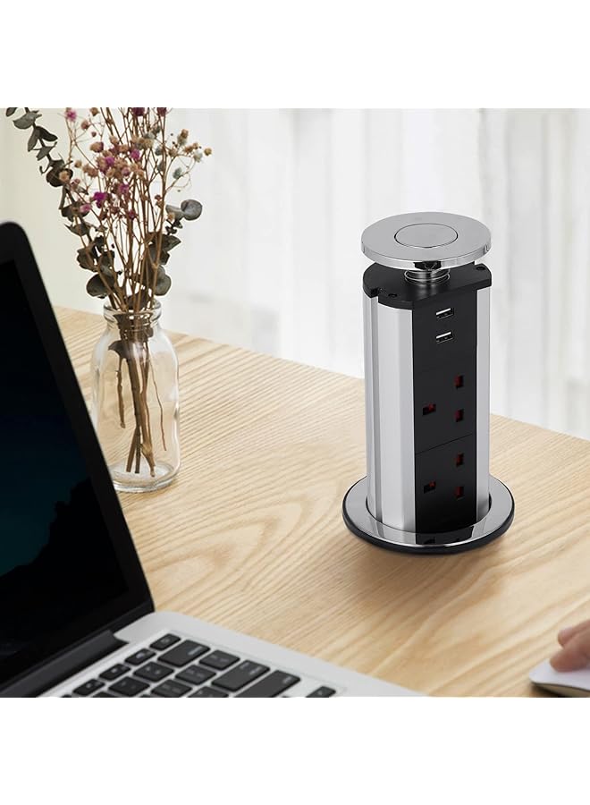 The Bros مقبس منبثق، مقبس كهربائي منبثق مع 3 مقابس بريطانية و 2 منفذ شحن USB للمنزل، المكتب، المطبخ، أسطح العمل، سطح المكتب، غلاف من سبائك الألمنيوم، سلك تمديد بطول 1.8 م - Image 1