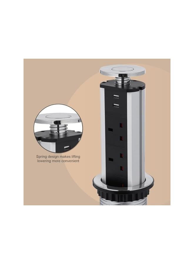 The Bros مقبس منبثق، مقبس كهربائي منبثق مع 3 مقابس بريطانية و 2 منفذ شحن USB للمنزل، المكتب، المطبخ، أسطح العمل، سطح المكتب، غلاف من سبائك الألمنيوم، سلك تمديد بطول 1.8 م - Image 4