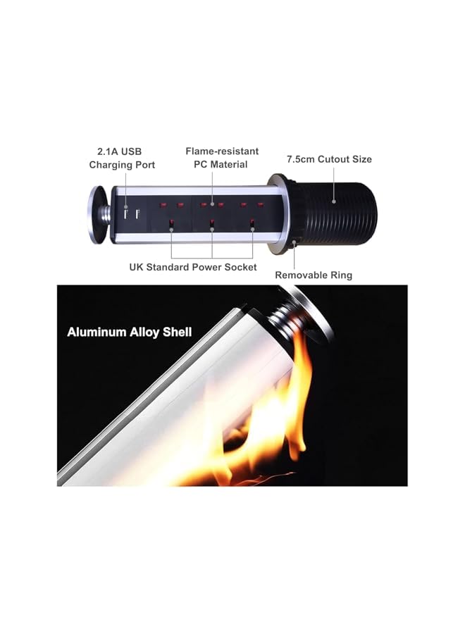 The Bros مقبس منبثق، مقبس كهربائي منبثق مع 3 مقابس بريطانية و 2 منفذ شحن USB للمنزل، المكتب، المطبخ، أسطح العمل، سطح المكتب، غلاف من سبائك الألمنيوم، سلك تمديد بطول 1.8 م - Image 5