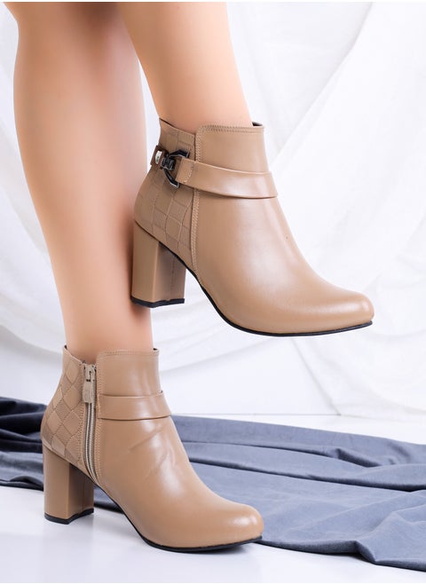 Ankle Boot Heels Leather With Buckle Elegant R-20 - Coffee
