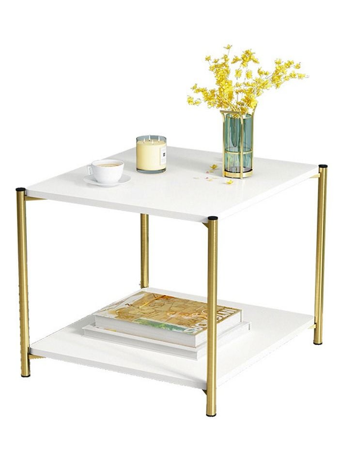 Generic 2 Tier White Side Table, Golden Iron Living Room Coffee Table Square Coffee Table Sofa Side Table Bedroom Bedside Table  - Image 1