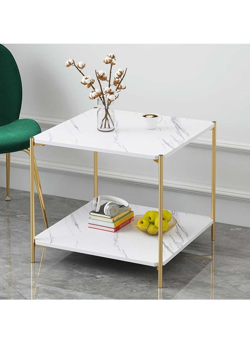 Generic 2 Tier White Side Table, Golden Iron Living Room Coffee Table Square Coffee Table Sofa Side Table Bedroom Bedside Table  - Image 2