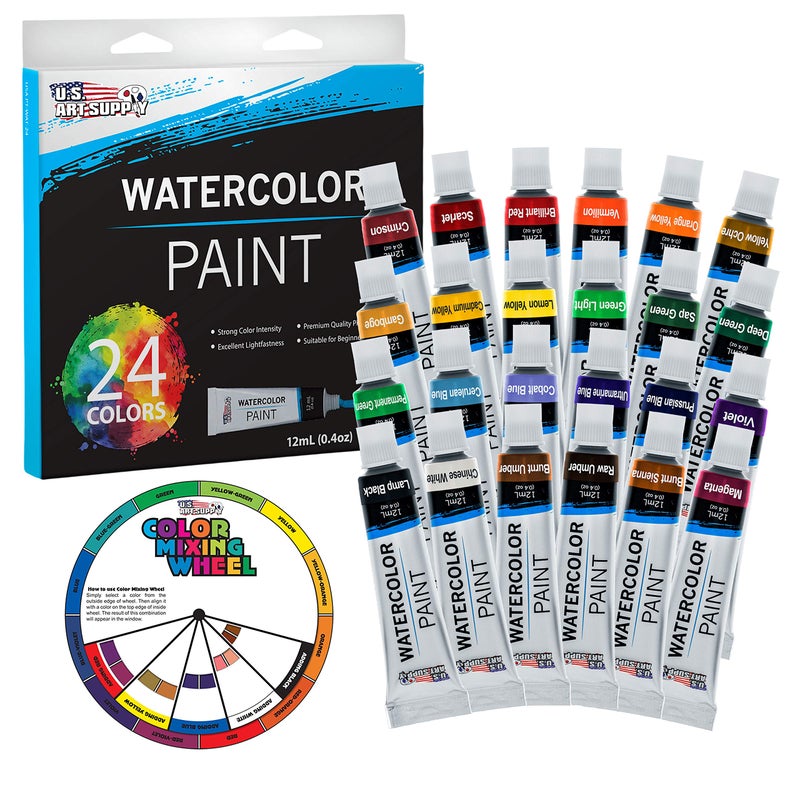 US Art Supply 24Color Water Colors Paint Set 12ml Professional Watercolor Tubes Vibrant Pigments Water Colors Paint Adult Set for Artists