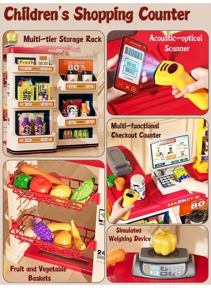 60 قطعة من مجموعة ألعاب الكاشير الفاخرة للسوبر ماركت مع منضدة دفع دوارة وماسح ضوئي إلكتروني وميزان وزن وعربة تسوق بعجلات - لعبة تفاعلية تعليمية للعب الأدوار مزودة بأضواء وأصوات للأطفال من عمر 3 سنوات فما فوق - Image 3