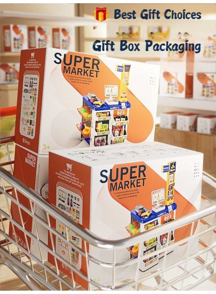 60 قطعة من مجموعة ألعاب الكاشير الفاخرة للسوبر ماركت مع منضدة دفع دوارة وماسح ضوئي إلكتروني وميزان وزن وعربة تسوق بعجلات - لعبة تفاعلية تعليمية للعب الأدوار مزودة بأضواء وأصوات للأطفال من عمر 3 سنوات فما فوق - Image 4