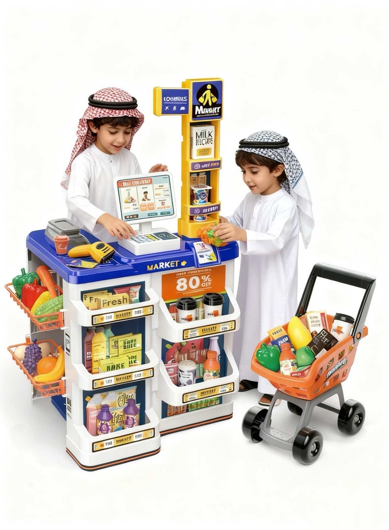 60 قطعة من مجموعة ألعاب الكاشير الفاخرة للسوبر ماركت مع منضدة دفع دوارة وماسح ضوئي إلكتروني وميزان وزن وعربة تسوق بعجلات - لعبة تفاعلية تعليمية للعب الأدوار مزودة بأضواء وأصوات للأطفال من عمر 3 سنوات فما فوق - Image 1