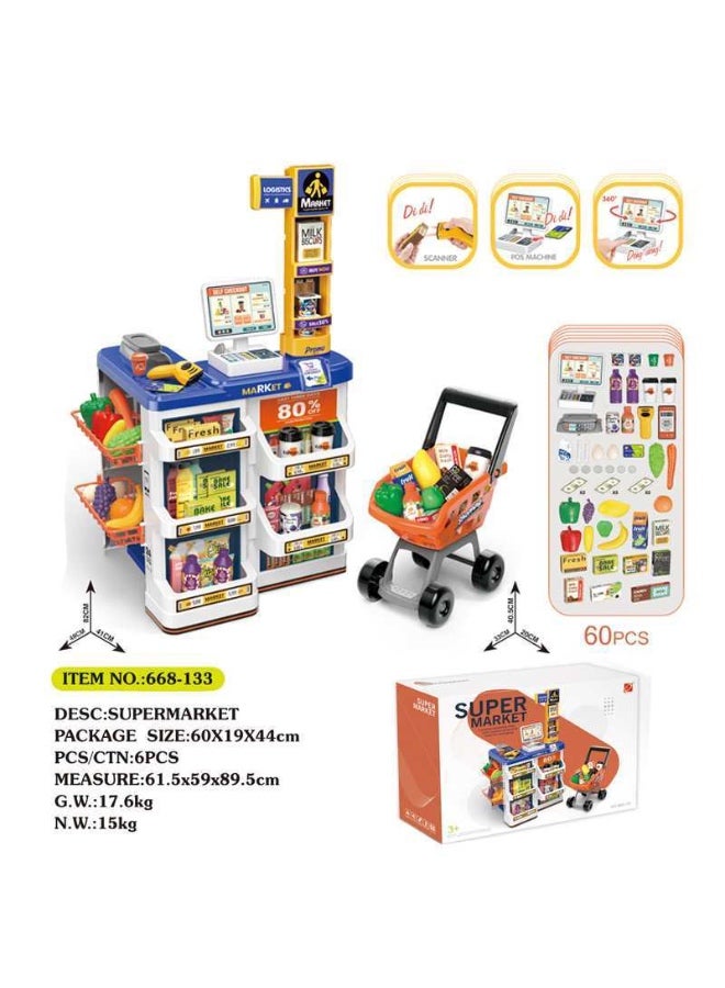 60 قطعة من مجموعة ألعاب الكاشير الفاخرة للسوبر ماركت مع منضدة دفع دوارة وماسح ضوئي إلكتروني وميزان وزن وعربة تسوق بعجلات - لعبة تفاعلية تعليمية للعب الأدوار مزودة بأضواء وأصوات للأطفال من عمر 3 سنوات فما فوق - Image 5