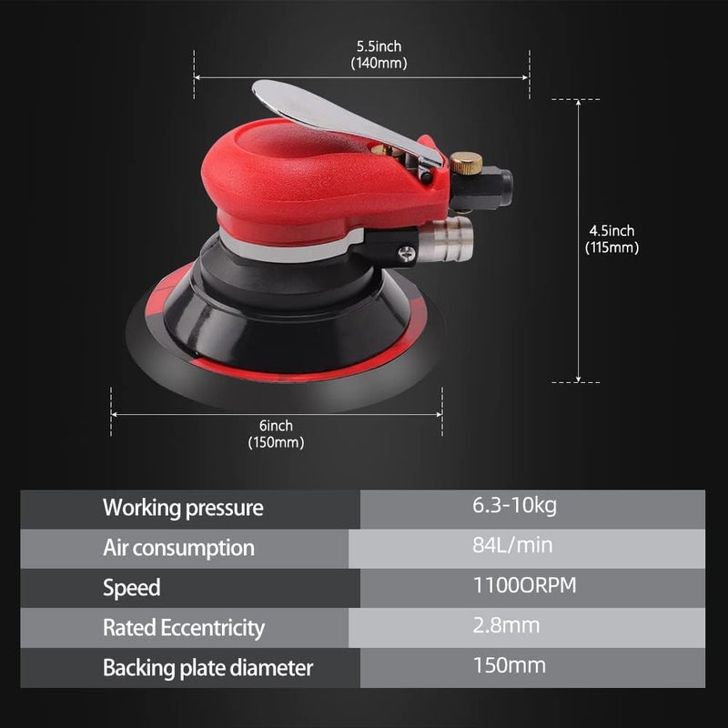 ZFE Random Orbital Sander 5" & 6" Pneumatic Palm Sander with Extra 5" Backing Plate, Sponge Polishing Pads, Sandpapers Low Vibration and Heavy Duty for Wood, Composites, Metal - Image 5