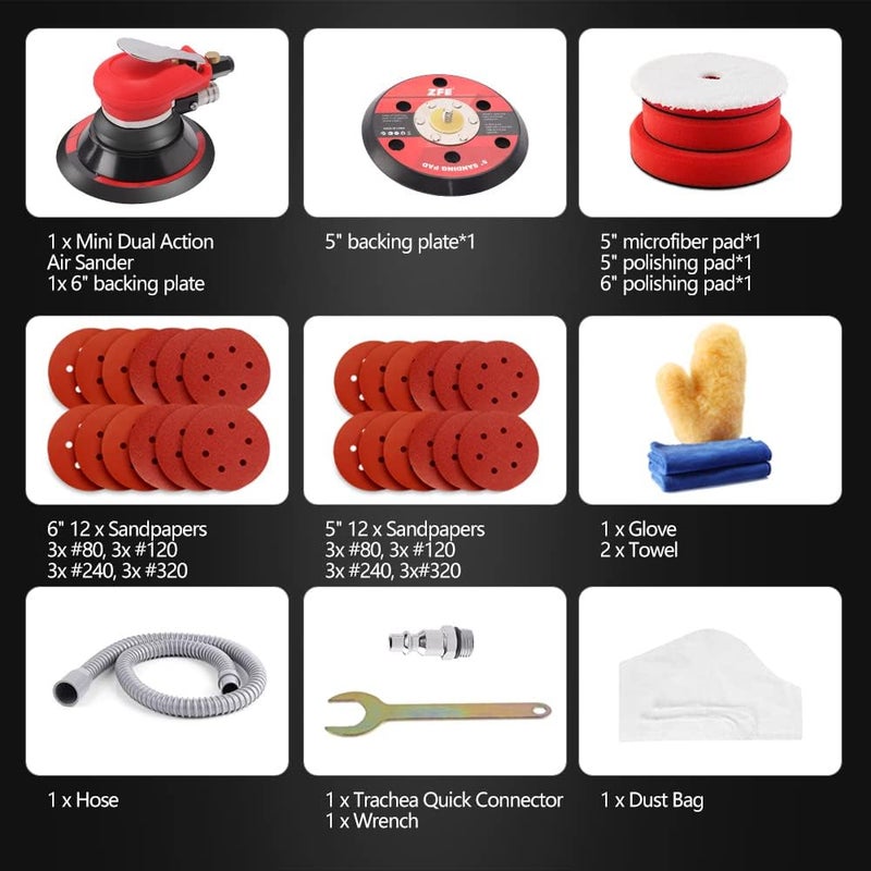 ZFE Random Orbital Sander 5" & 6" Pneumatic Palm Sander with Extra 5" Backing Plate, Sponge Polishing Pads, Sandpapers Low Vibration and Heavy Duty for Wood, Composites, Metal - Image 2