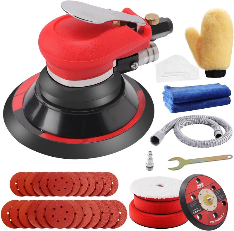 ZFE Random Orbital Sander 5" & 6" Pneumatic Palm Sander with Extra 5" Backing Plate, Sponge Polishing Pads, Sandpapers Low Vibration and Heavy Duty for Wood, Composites, Metal - Image 1