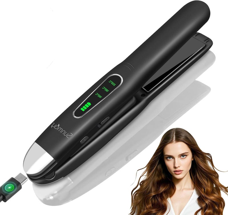 SUNMAY Cordless Hair Straightener, 0.85 Inch Titanium Portable Hair Straightener for Travel, Cordless Mini Flat Iron Hair Straightener and Curler 2 in 1, Dual Voltage, On-The-Go & 20S Fast Heat Up